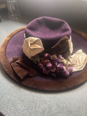 Plum Velvet Wide-Brim Women's Hat with Brown Trim and Floral Accent